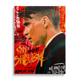 Motivational canvas print with a portrait of a man in a suit and gold graffiti on a red background