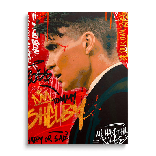 Motivational canvas print with a portrait of a man in a suit and gold graffiti on a red background