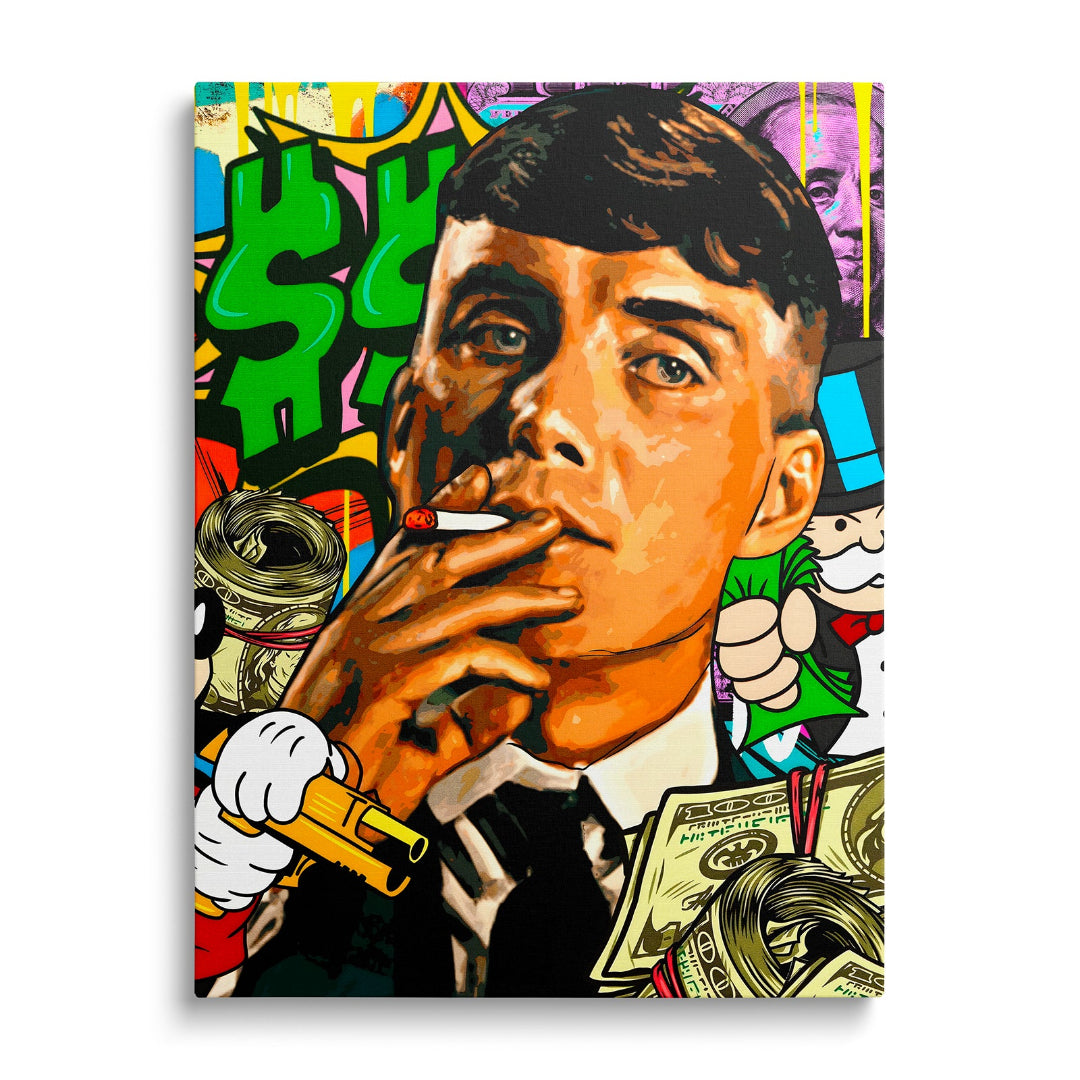 Pop art wall art with a portrait of a man smoking a cigarette, dollar graffiti and a Monopoly icon