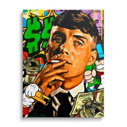 Pop art wall art with a portrait of a man smoking a cigarette, dollar graffiti and a Monopoly icon