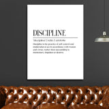 Discipline motivational canvas wall art with a quote in a modern living room above a brown leather sofa