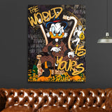 Motivational pop art canvas print with Scrooge McDuck and money motif above a brown leather sofa