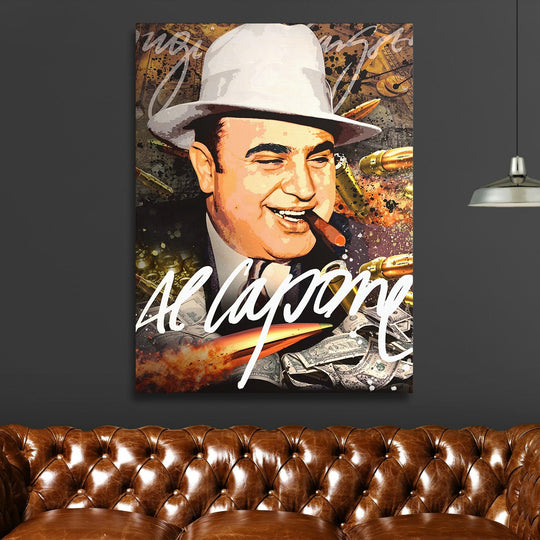 Al Capone pop art wall art in a living room, with a cigar, money and bullets, motivational gangster lifestyle