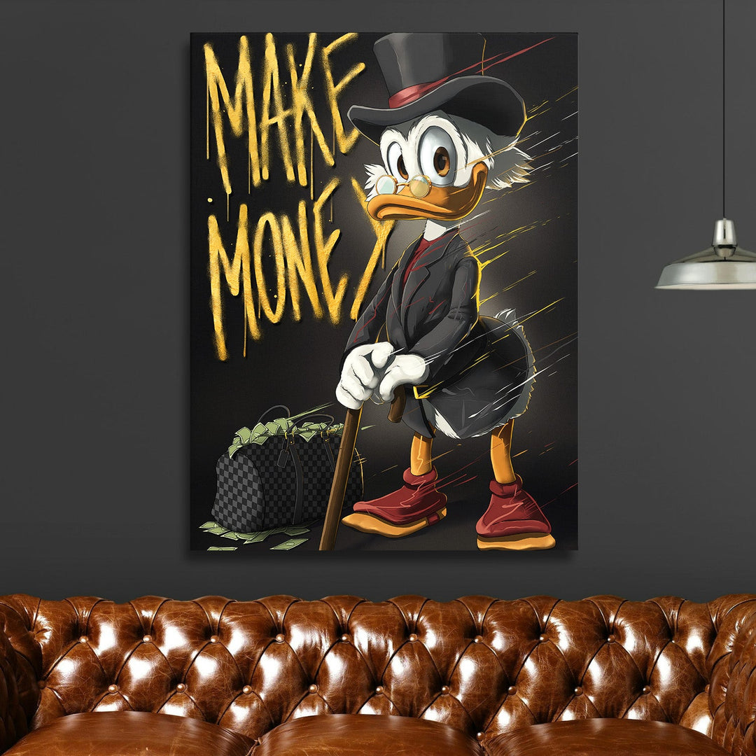 Pop art wall art of a duck beside a money bag, motivational wall art for a modern living room