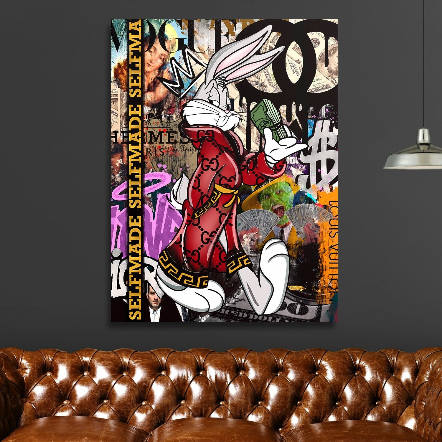 Pop art wall art with Bugs Bunny in a fur coat and dollar motif in street art graffiti style
