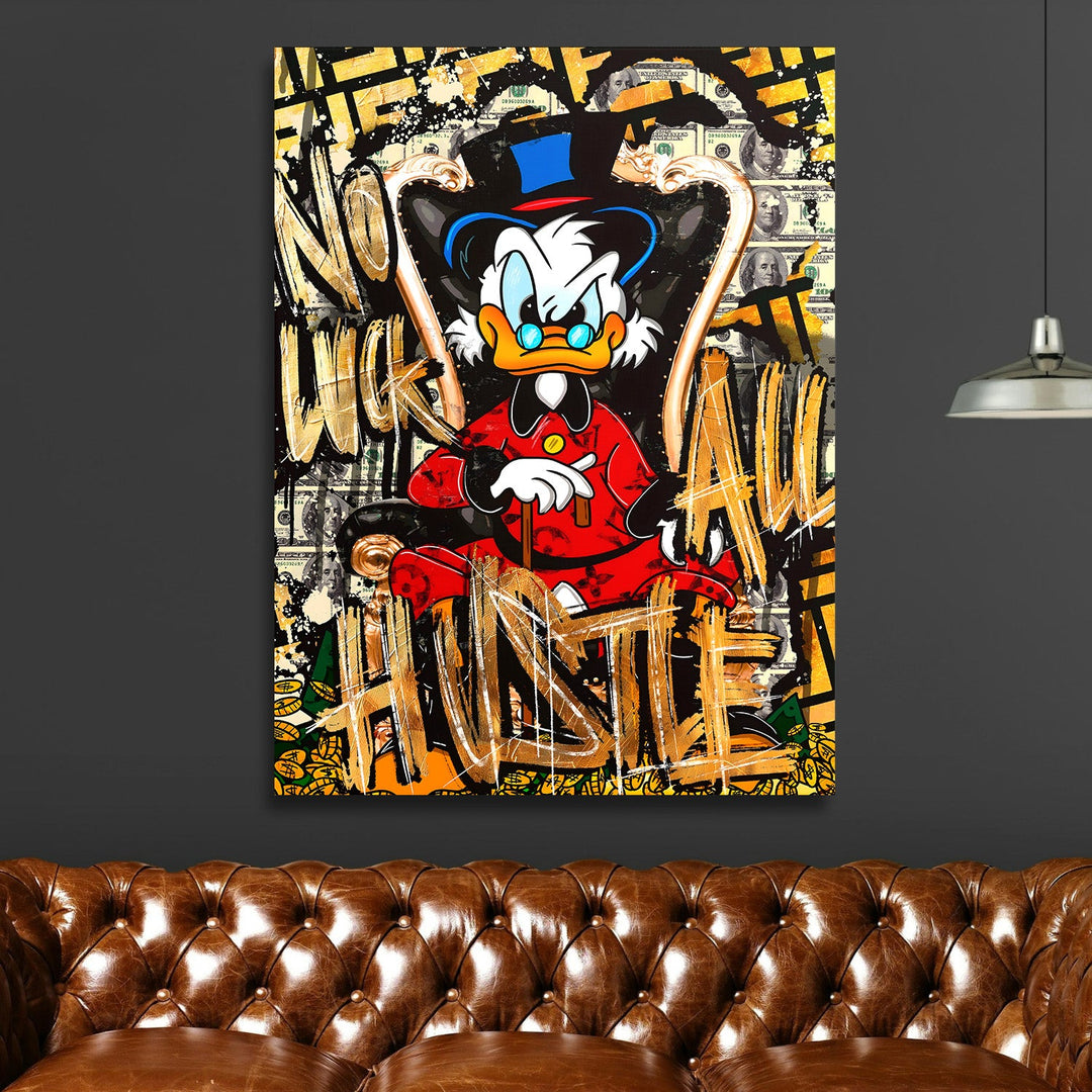 Motivational pop art wall art with a duck in a luxury chair and money graffiti in a modern interior