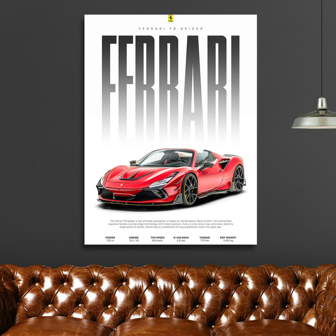 Luxury wall art with a red Ferrari F8 Spider above a brown leather sofa in a living room