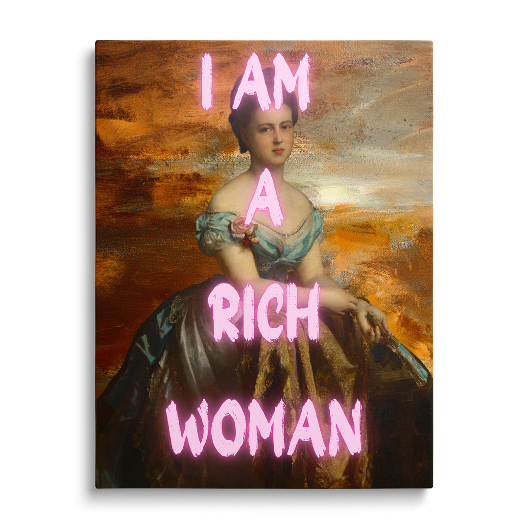 Luxury motivational wall art with a baroque portrait of a lady and pink neon text “I AM A RICH WOMAN”