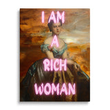 Luxury motivational wall art with a baroque portrait of a lady and pink neon text “I AM A RICH WOMAN”