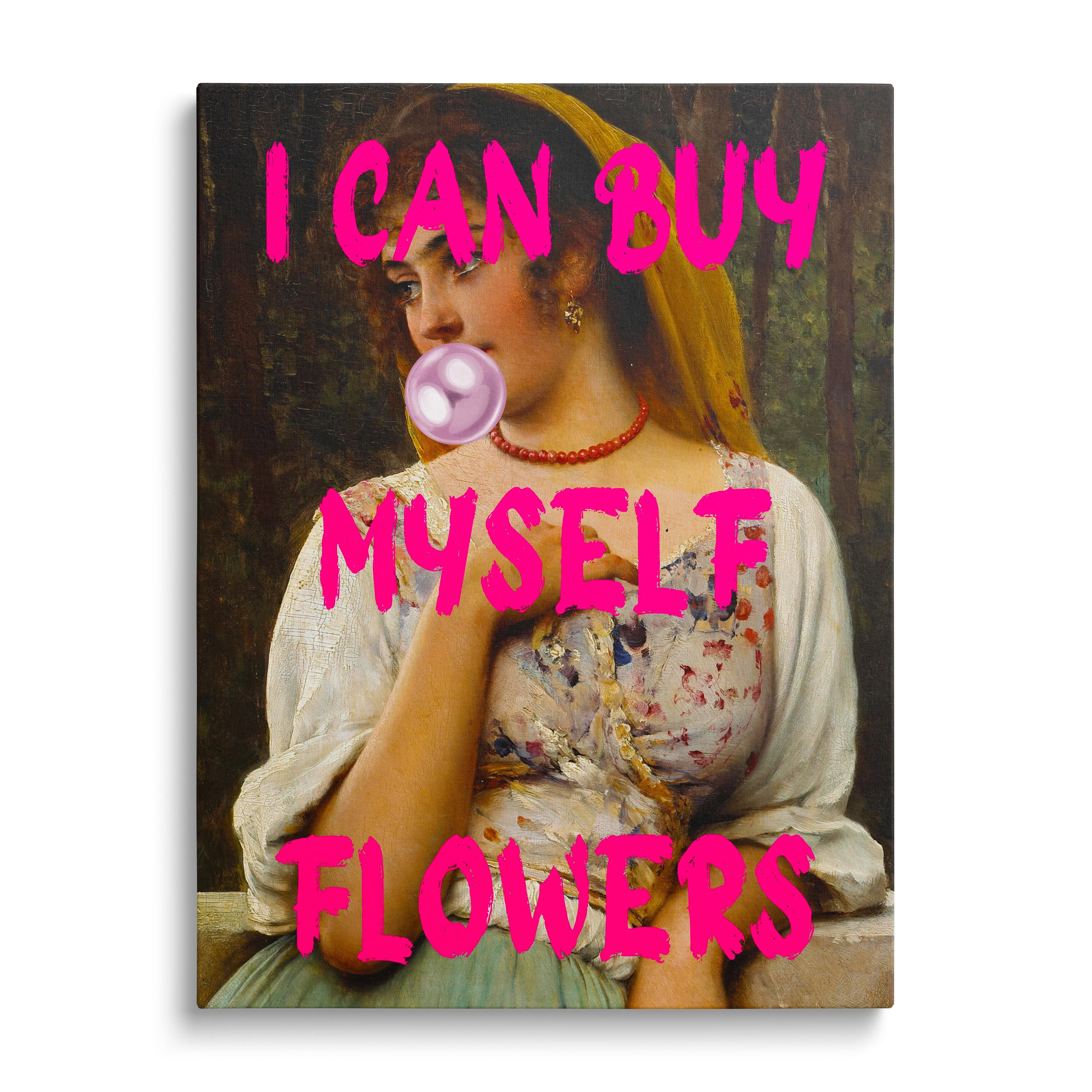 Motivational canvas print with a portrait of a woman blowing a pink bubble and a pink pop art quote