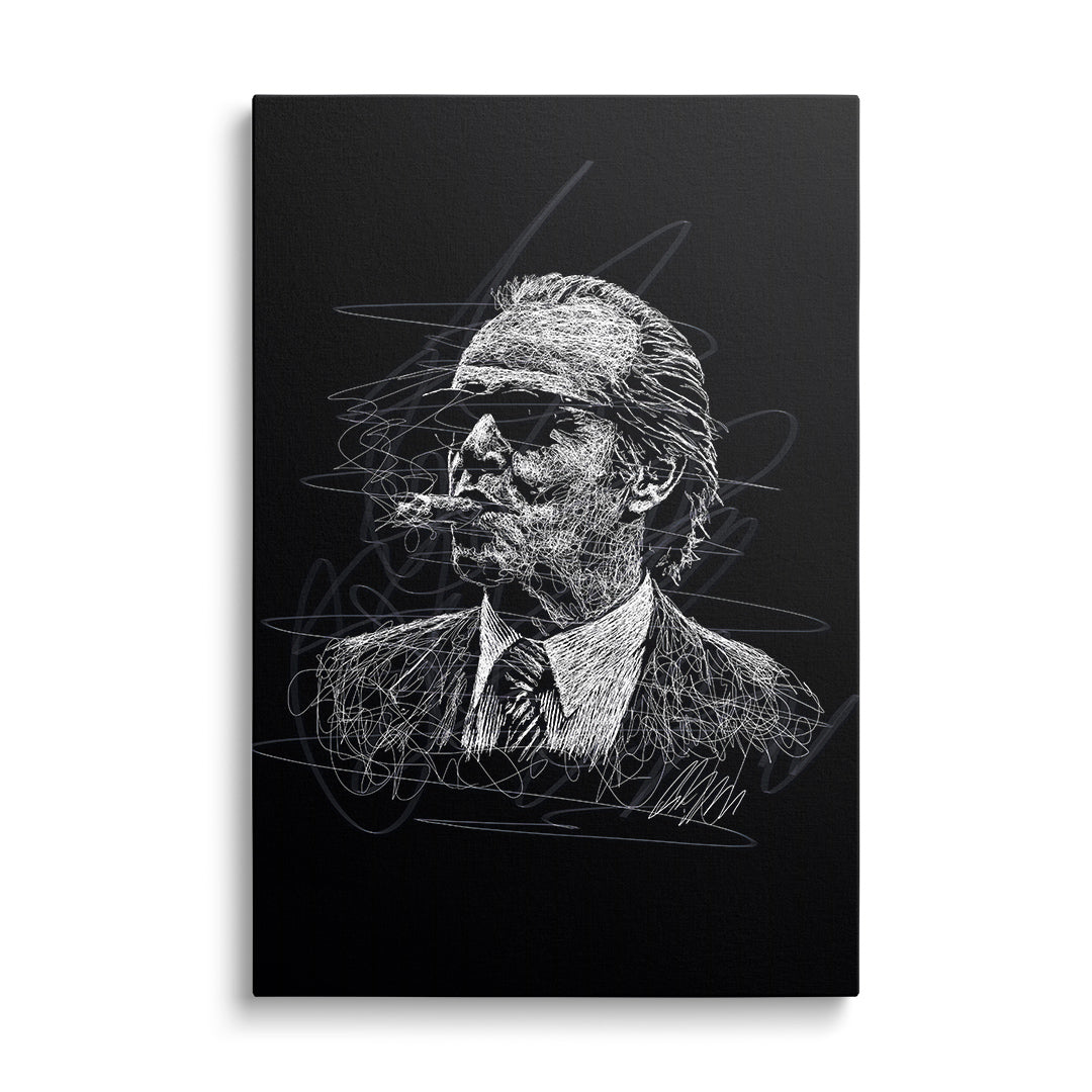 Motivational canvas print with a black-and-white minimalist portrait of a man in a suit with a cigar, front view