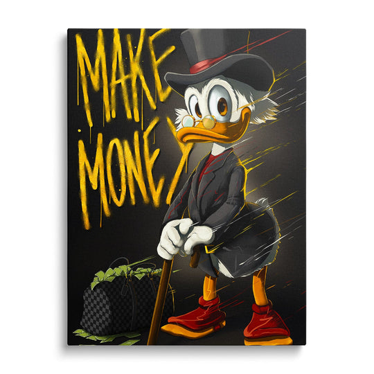 Pop art wall art of Scrooge McDuck, MAKE MONEY graffiti and a luxury bag full of money, motivational wall art