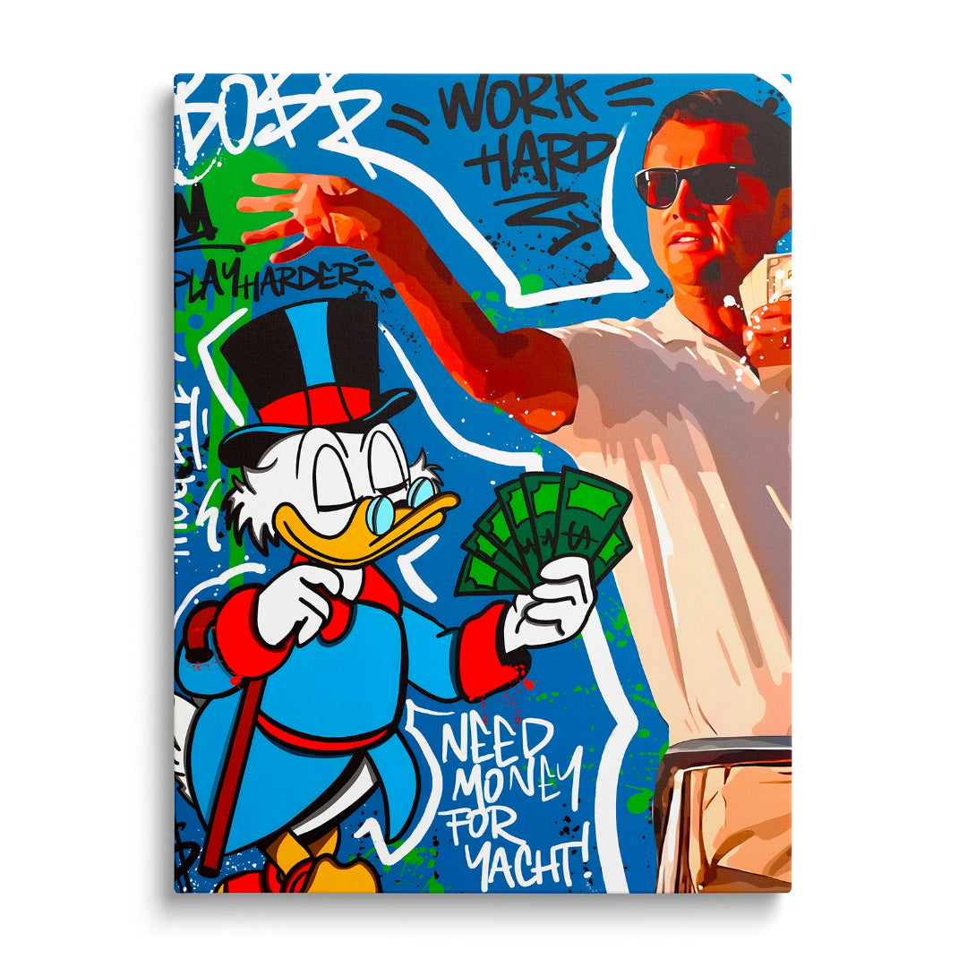 Motivational pop art canvas print with Scrooge McDuck holding banknotes and the graffiti text “Work Hard”