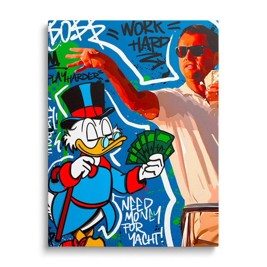 Motivational pop art canvas print with Scrooge McDuck holding banknotes and the graffiti text “Work Hard”