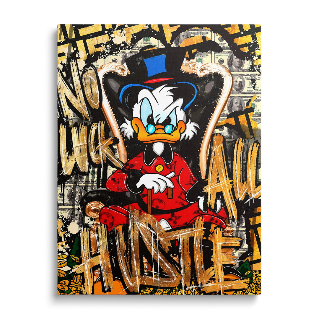 Motivational pop art wall art of Scrooge McDuck on a golden chair surrounded by money