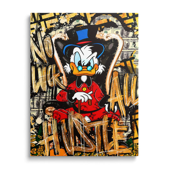 Motivational pop art wall art of Scrooge McDuck on a golden chair surrounded by money