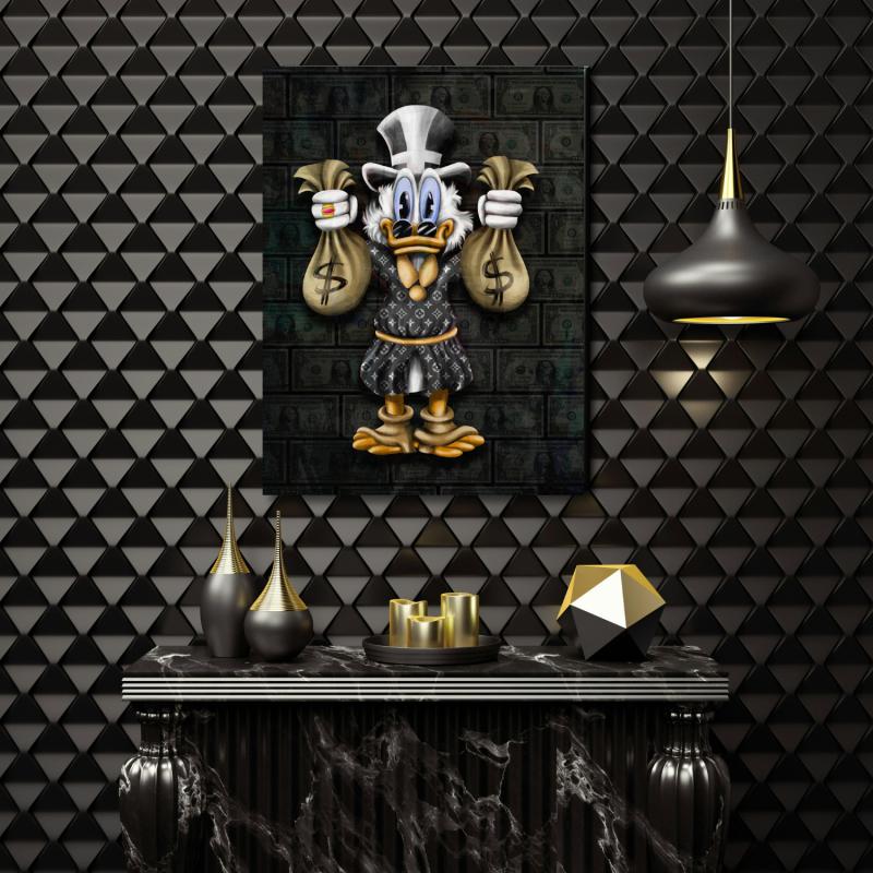 Motivational pop art wall art with a duck holding money bags in a black modern interior.