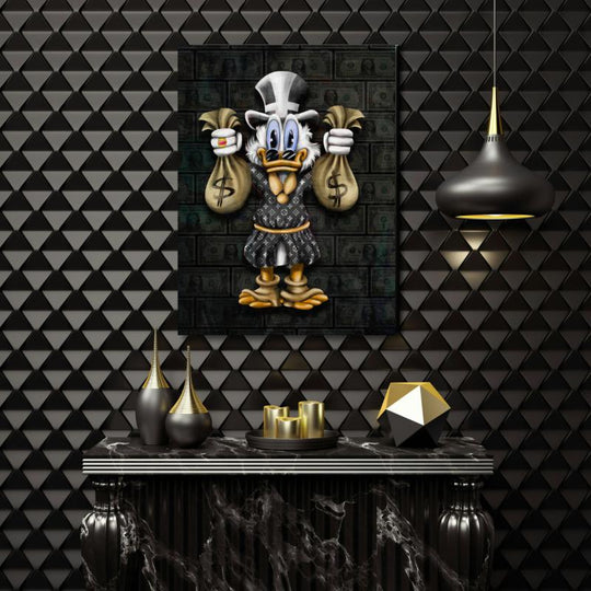 Motivational pop art wall art with a duck holding money bags in a black modern interior.