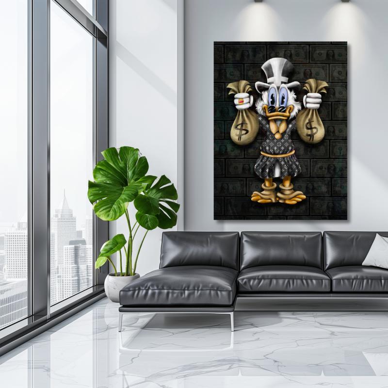 Motivational canvas wall art with Scrooge McDuck and money bags in a luxury living room, pop art wealth theme.