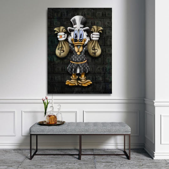 Motivational pop art wall art with a duck holding money bags in a modern interior.