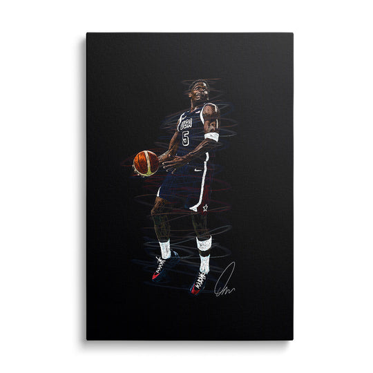 Motivational wall art of a basketball player in a USA #5 jersey, dynamic game action, athletic performance and white Nike sneakers.