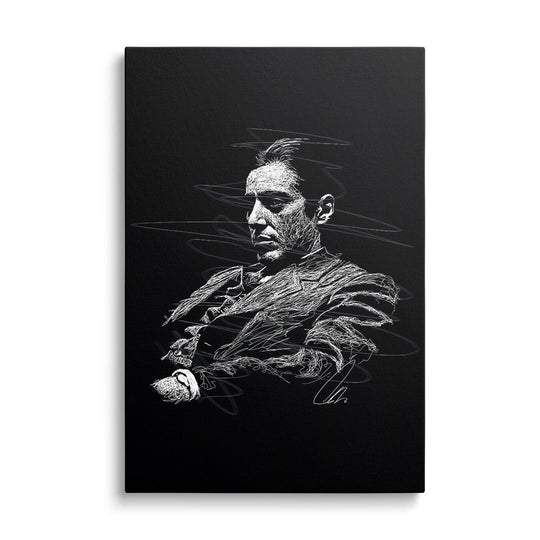 Motivational canvas wall art with a minimalist front-view line art portrait of a man in a suit in mafia style.