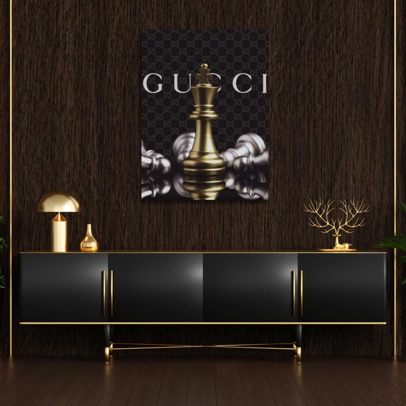 Motivational living room wall art with a luxury chess king and defeated pieces on a dark elegant background.