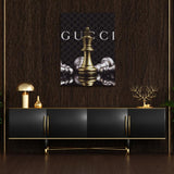 Motivational living room wall art with a luxury chess king and defeated pieces on a dark elegant background.