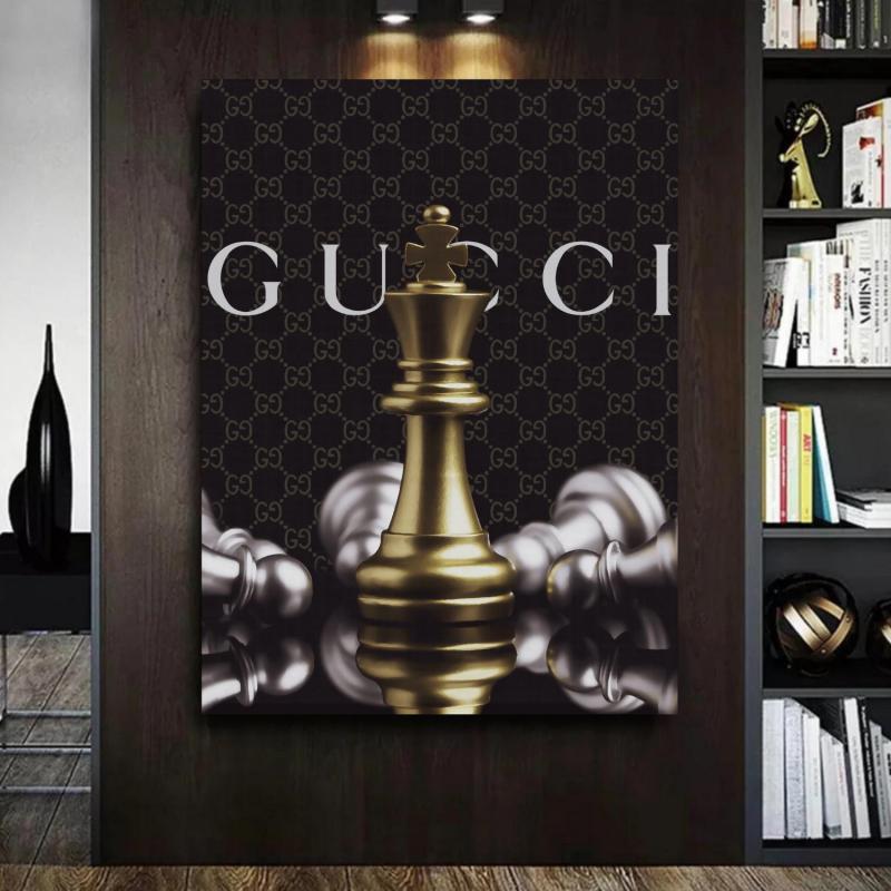 Luxury office wall art with a golden chess piece on a monogram background and a library behind it.