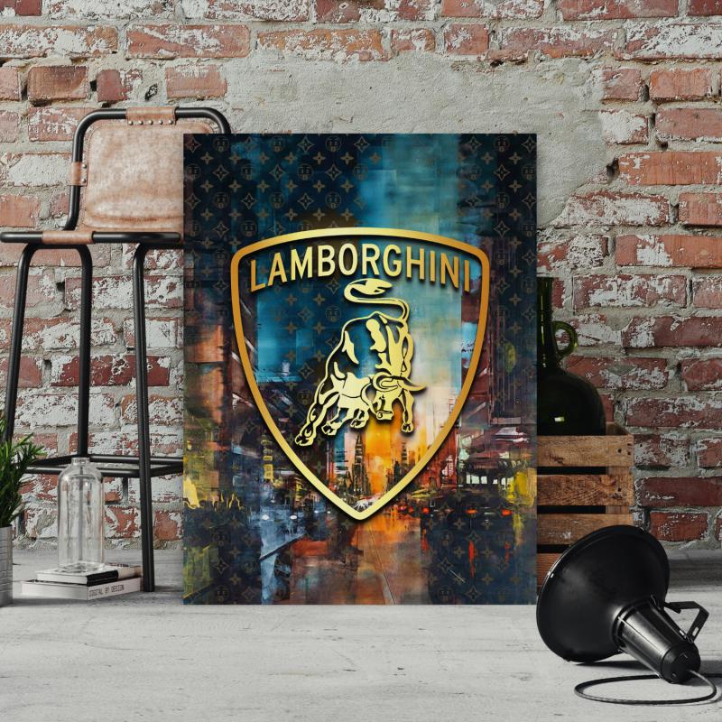 Motivational Lamborghini wall art leaning against a brick wall in an industrial space.