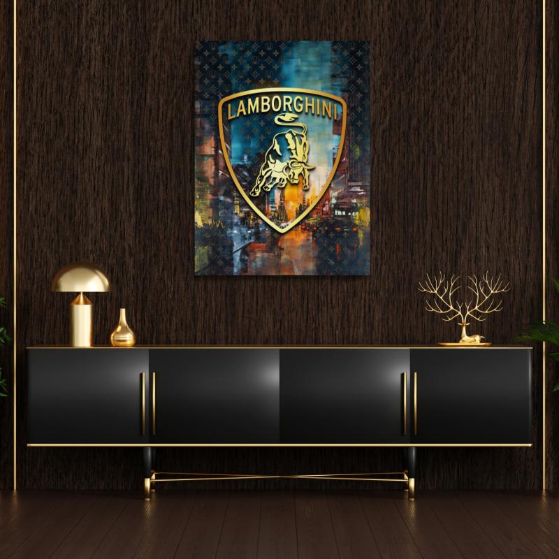 Luxury wall art with a Lamborghini logo, gold details and dark wood background.