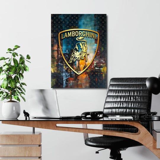 Motivational canvas wall art with a Lamborghini logo and night city scene hanging in a modern office.