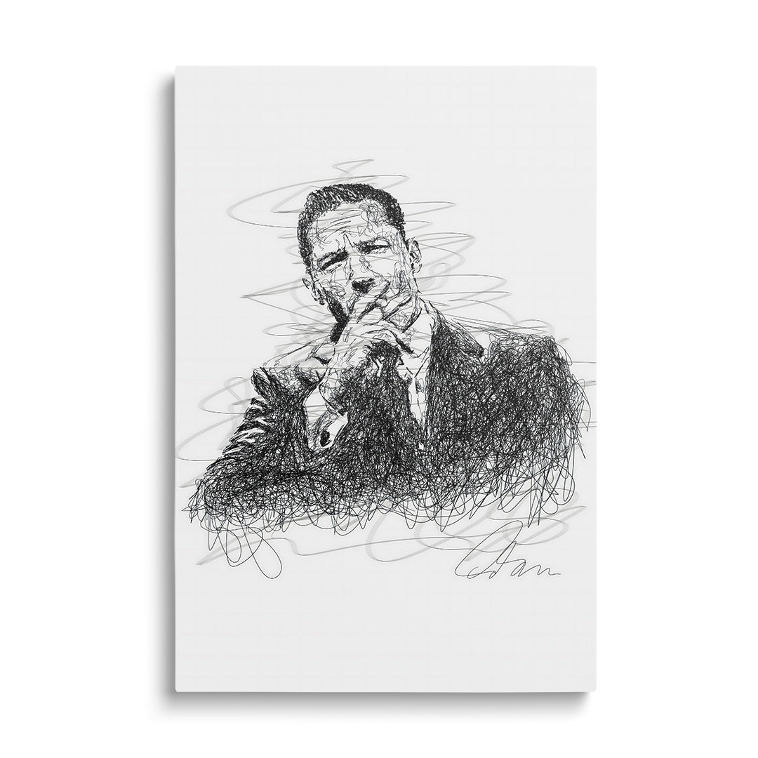 Motivational wall art of a man in a suit with his hand near his mouth, shown as a black-and-white expressive minimalist sketch.