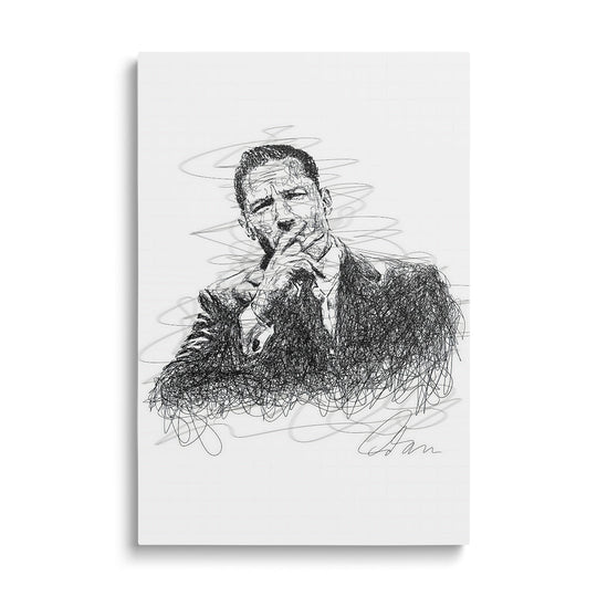 Motivational wall art of a man in a suit with his hand near his mouth, shown as a black-and-white expressive minimalist sketch.