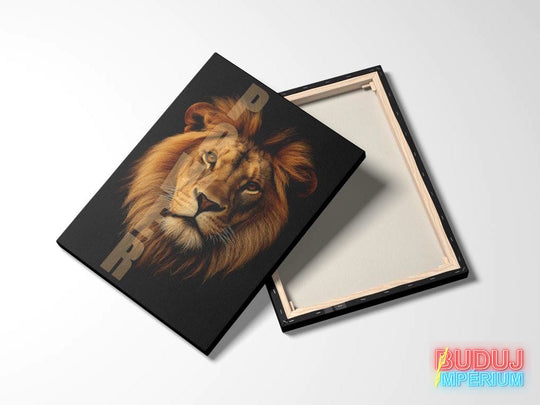 Motivational canvas wall art with a realistic front-facing lion, product view with the rear wooden frame.