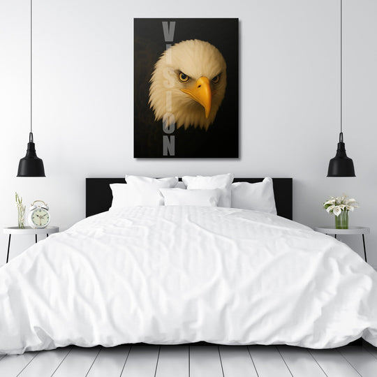Motivational canvas wall art with an eagle and VISION text hanging in a minimalist bedroom.
