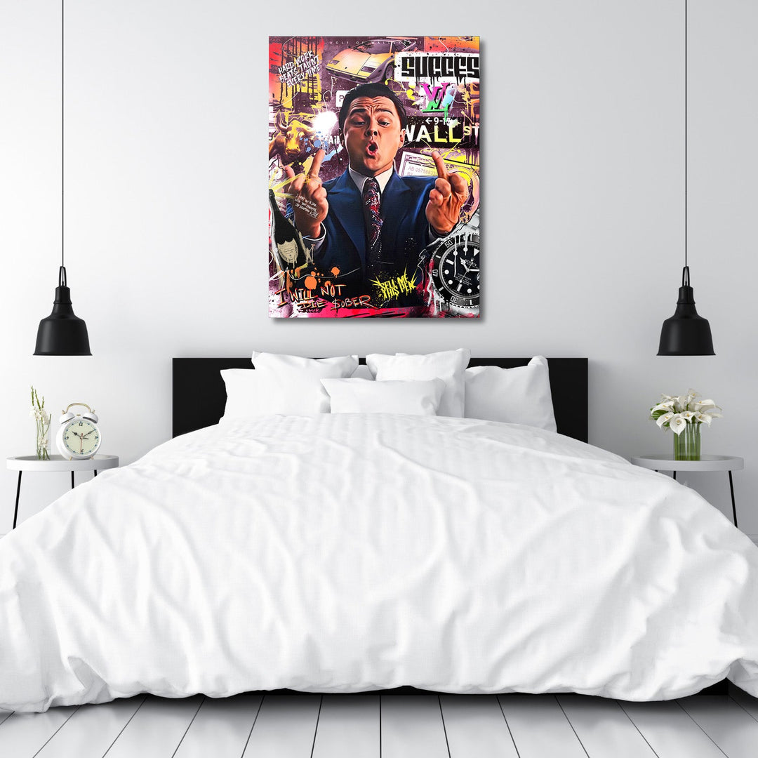 Motivational pop art canvas print for a bedroom with Wolf of Wall Street, Lamborghini, watch and money theme