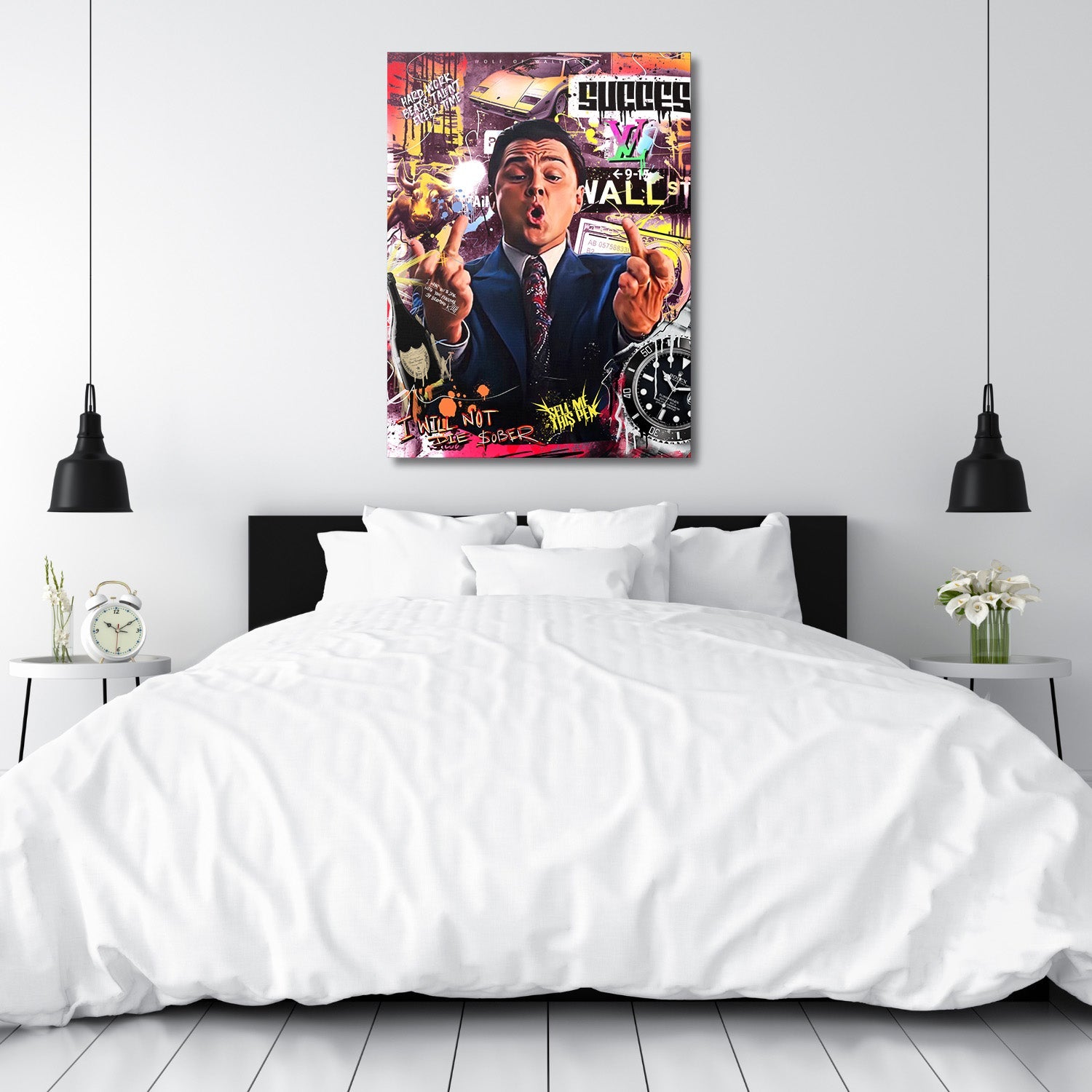 Motivational pop art canvas print for a bedroom with Wolf of Wall Street, Lamborghini, watch and money theme
