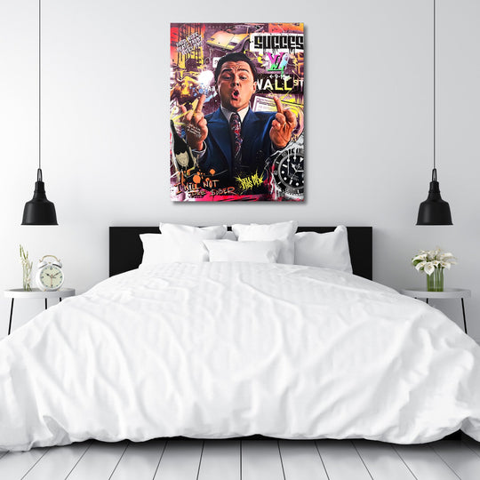Motivational pop art canvas print for a bedroom with Wolf of Wall Street, Lamborghini, watch and money theme