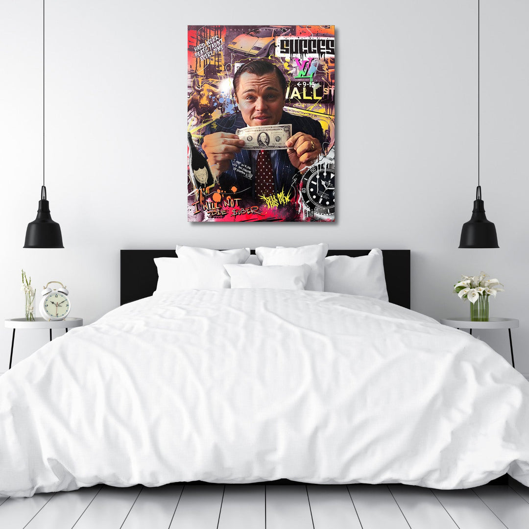 Street art motivational wall art above a bed with Wolf of Wall Street, money, luxury car and watch