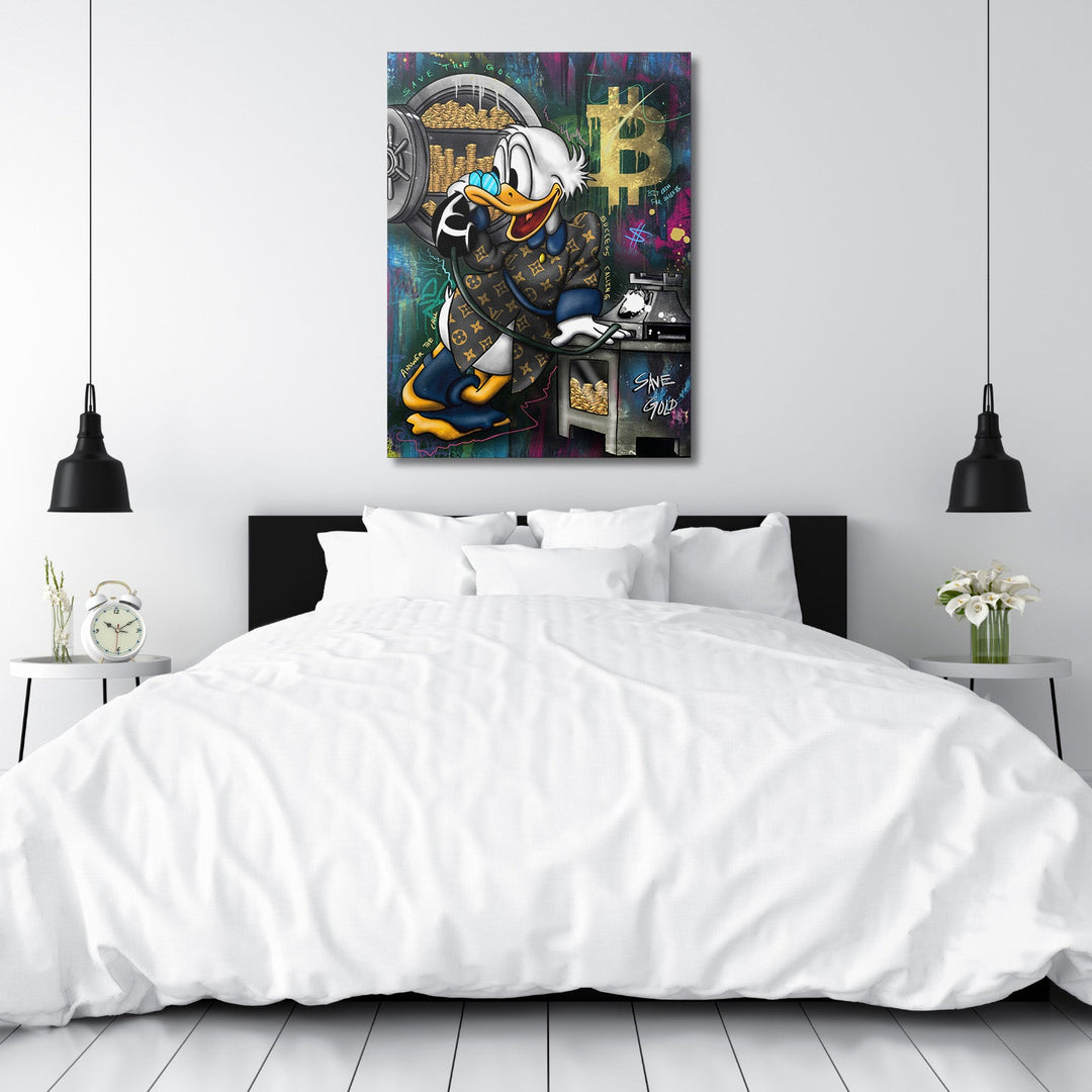 Motivational bedroom wall art with a pop art duck in a luxury jacket, Bitcoin and a gold safe, modern wall art style