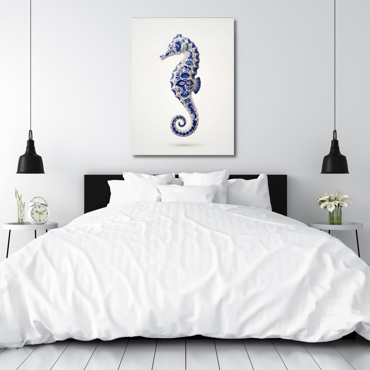 Motivational canvas print with a blue seahorse in a minimalist white bedroom