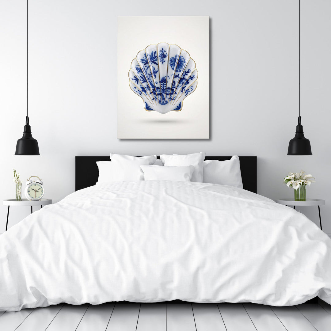 Motivational canvas print with a Delft blue-and-white shell in a bedroom, minimalist modern design