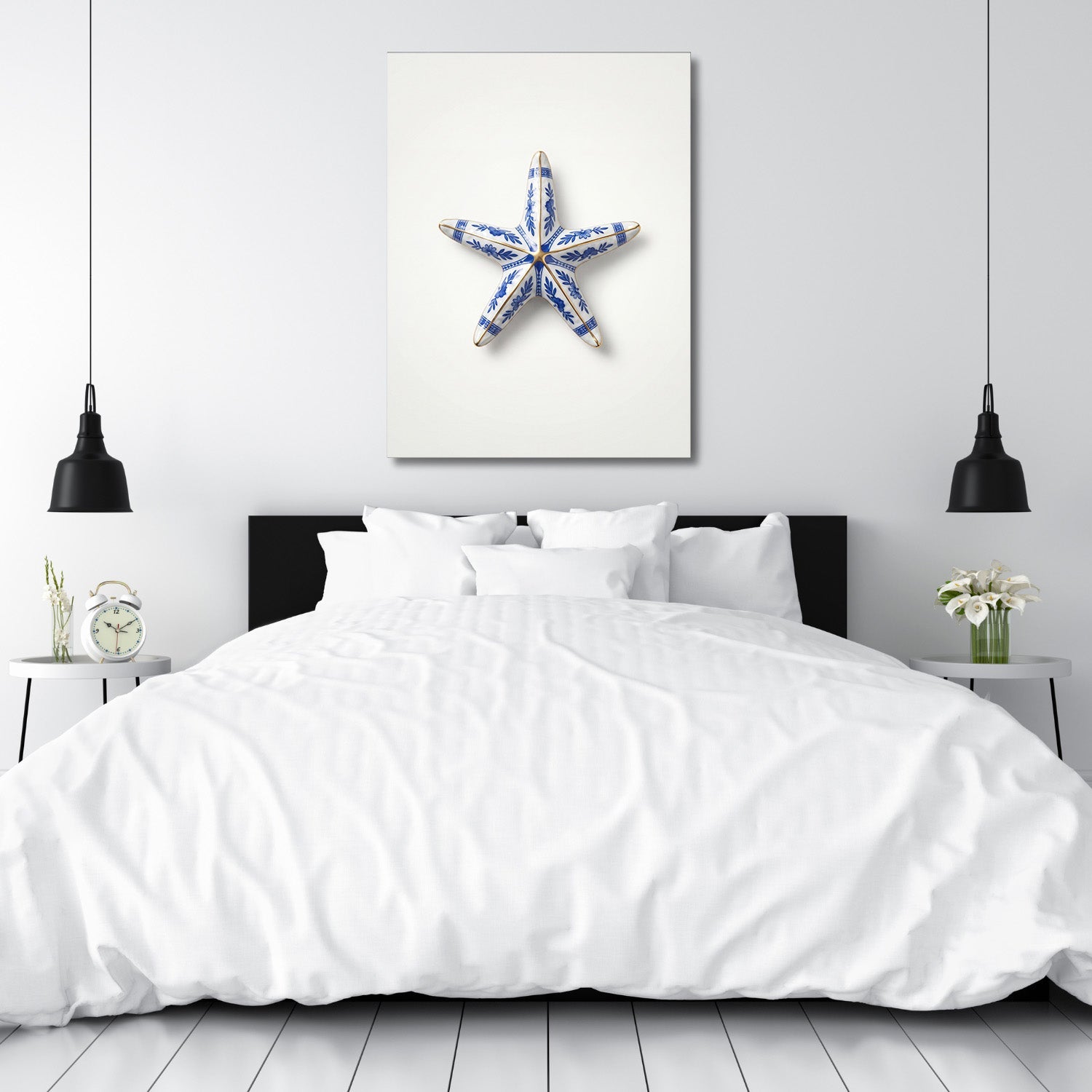 Modern wall art in a bedroom with a blue-and-white ceramic starfish and clean minimalist design