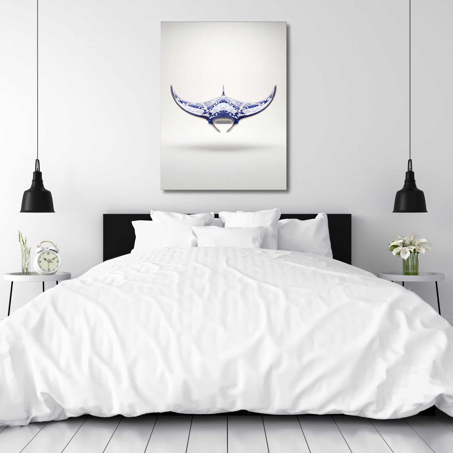 Motivational wall art for a bedroom with a minimalist blue-and-white stingray pattern