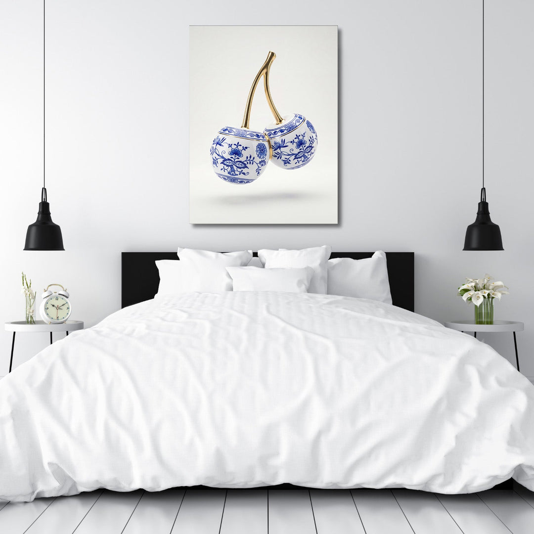 Motivational canvas print with porcelain cherries in a blue-and-white pattern and gold stem for a bedroom