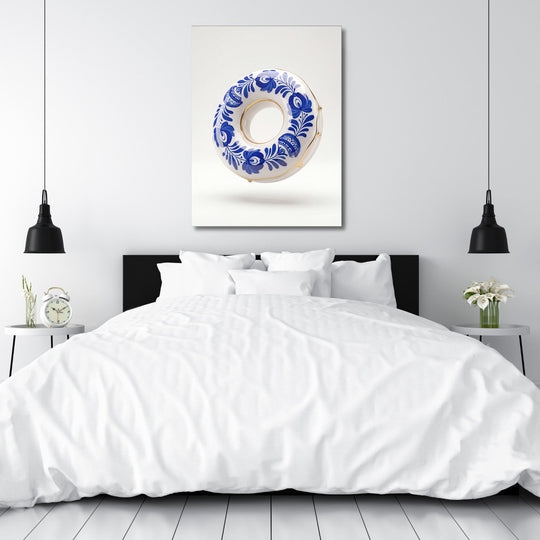 Modern wall art with a porcelain ring and blue flowers in a white minimalist bedroom