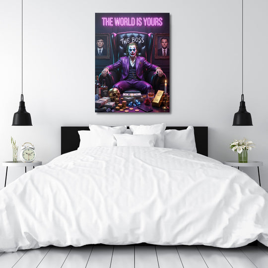 Motivational pop art wall art with a clown in a purple suit, neon quote, money, gold and a skull