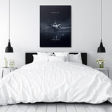 Motivational canvas print with a luxury jet in a smoky night atmosphere above a double bed