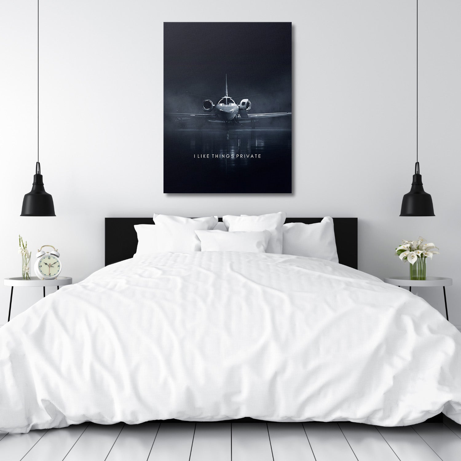 Luxury canvas print with a private jet and the quote “I Like Things Private” in a modern bedroom
